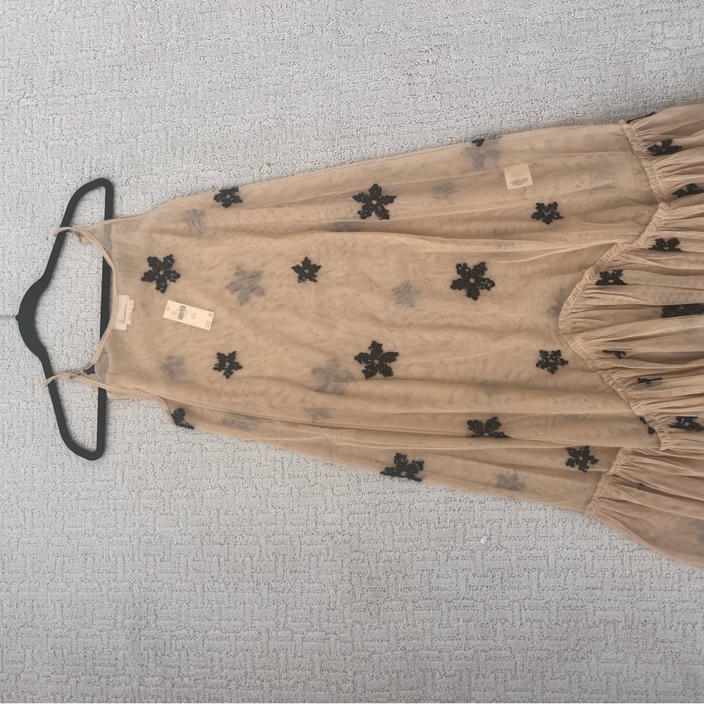 Anthropologie Beige Tulle Dress with Black Appliqué